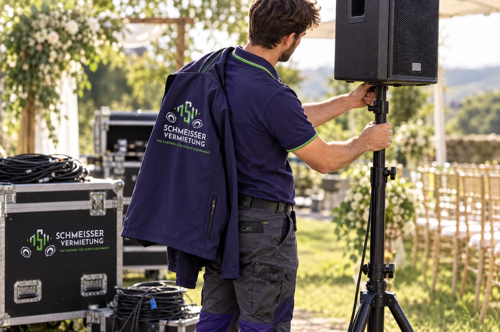 Techniker in Firmenkleidung baut bei einer Hochzeit im Freien einen Lautsprecher auf, daneben Flightcases mit Logo