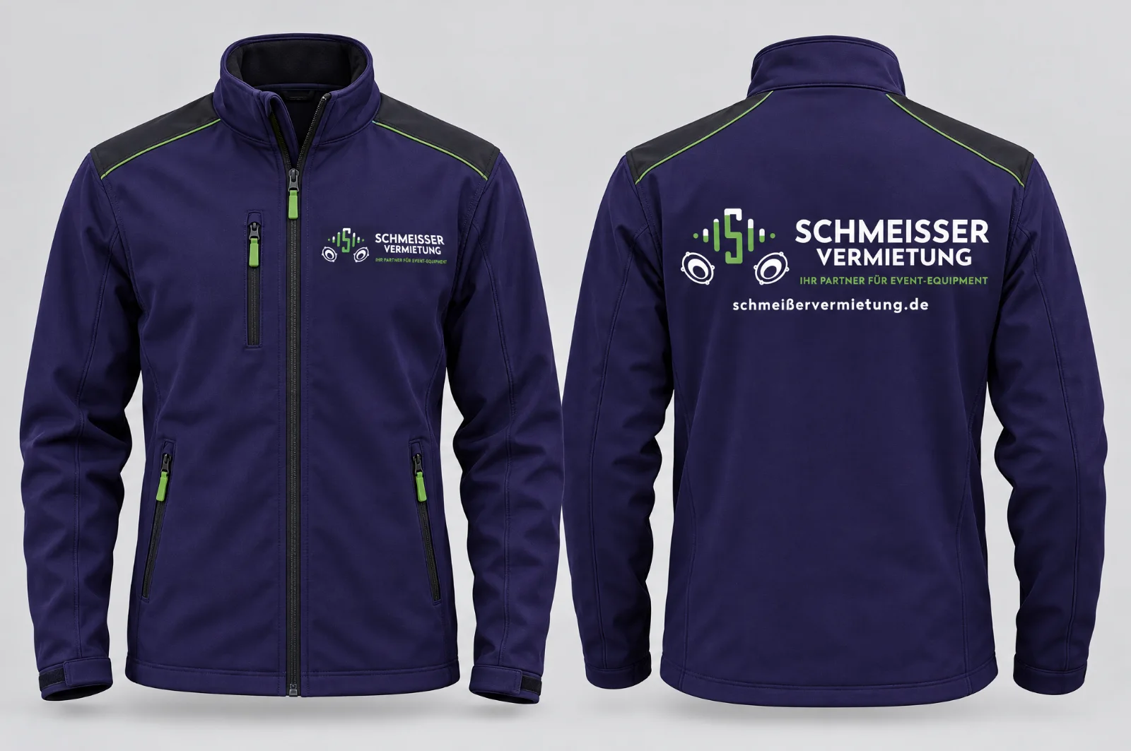 Softshelljacke in Tiefviolett, Vorder- und Rückansicht, mit Logo auf Brust und Rücken